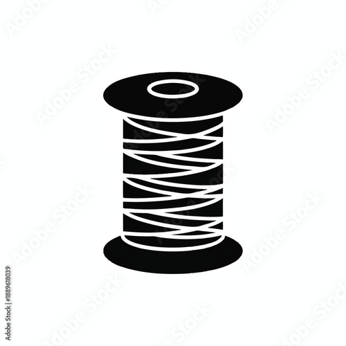 Clean glyph-style thread spool icon in solid black, a versatile graphic for representing sewing supplies, fashion design, or craft projects.