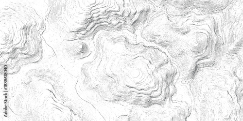 Topographic contour map lines depicting mountain terrain and elevation changes in grayscale
