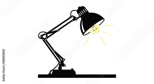 A simple black desk lamp is illuminated casting a bright yellow glow symbolizing ideas and focused work