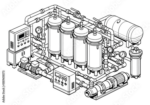Isometric line art illustration of an industrial water treatment system depicting filters, pumps, and gauges for liquid processing