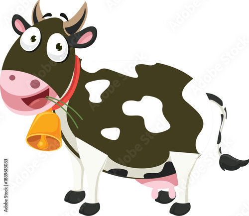 A happy cartoon cow stands isolated as a cute white and black dairy animal on a farm, featuring a funny udder with milk in this vector illustration of domestic cattle livestock