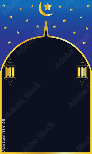 blue vertical background with Islamic themed gold ornaments and empty space for text or title