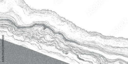 Gray abstract topographic contour lines and stippled texture on white background pattern
