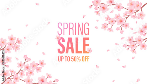 Spring Sale banner with cherry blossoms and text up to 50% off. Floral promotion vector illustration.
