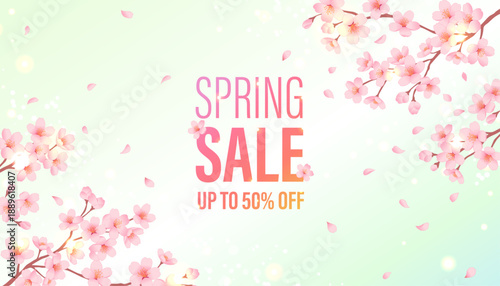 Spring Sale banner with cherry blossoms and text up to 50% off. Floral promotion vector illustration.
