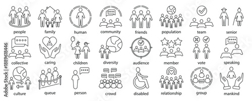 A collection of people icons set. Contains icons for groups.family,human,community,population,friends,diversity. Vector illustrations of company icons.