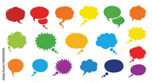 A vibrant assortment of colorful speech bubbles and thought balloons arranged in various shapes and sizes presents communication
