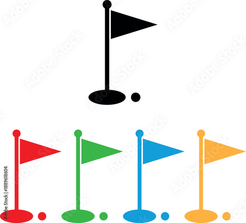 Colorful golf flag icon set in different colors . Golf flag and ball icon . Vector illustration