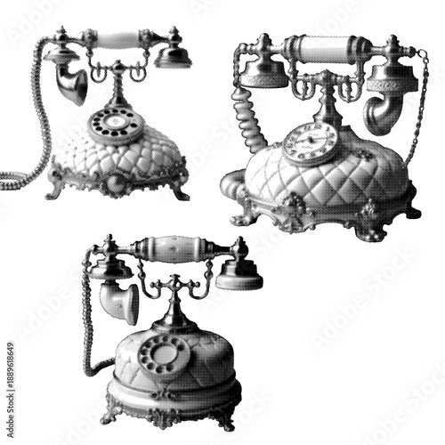 Vintage Rotary Telephone Halftone Illustration Set in Retro Style