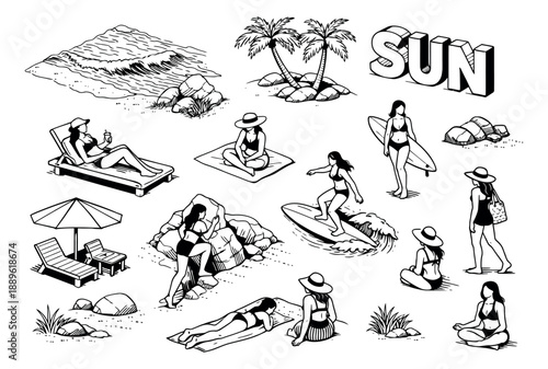 Hand drawn line art summer beach set featuring women, palm trees, and ocean waves for holiday vacation