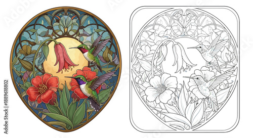 Elegant Hummingbirds and Flowers Artwork With Matching Detailed Sketch Design