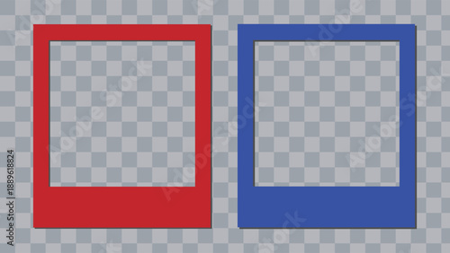 Two empty red and blue instant photo frames on a transparent background, ready for images.