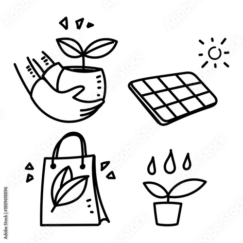 eco icon related collection in hand drawn doodle style