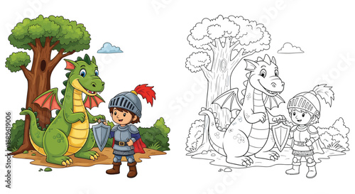 Epic Knight and Dragon Adventure Coloring Page With Medieval Castle and Landscape