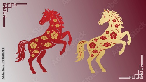 Pair Rearing Horses Floral Cloud Pattern Red Gold Chinese Zodiac New Year Vector Illustration Decoration Spring Festival Symbol Art Design