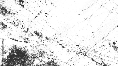 Black ink splatters and scratches on white textured background