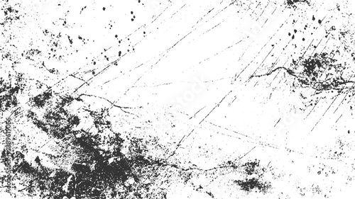 Black ink splatters and scratches on white textured background abstract