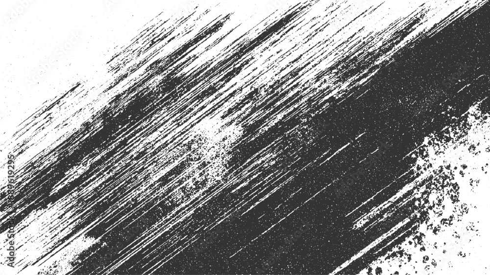Obraz premium Black and white diagonal brush stroke texture with scattered dots and rough edges