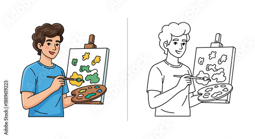 Man Painting on Canvas With Easel Illustration Representing Art Hobby and Creativity