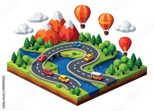 Isometric low poly landscape set featuring mountains, river, road with cars, and hot air balloons for travel and transportation