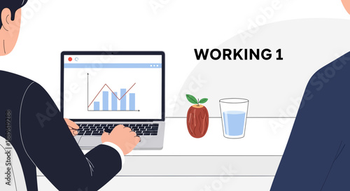 Man analyzing financial graph on laptop while having a snack on the desk at workplace