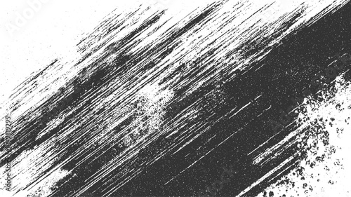 Black and white diagonal brush stroke texture with scattered dots and rough edges