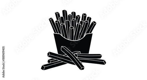 A black and white image depicts a container of french fries with some scattered around presented as a silhouette high quality