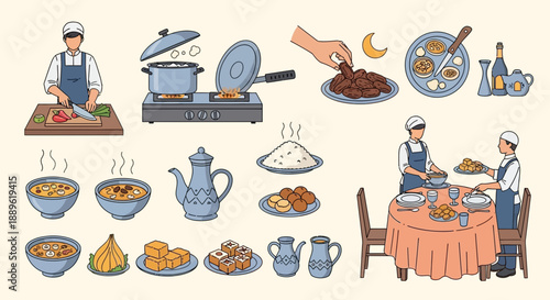 Chef preparing various dishes in a kitchen, serving food at a dining table with multiple culinary illustrations.