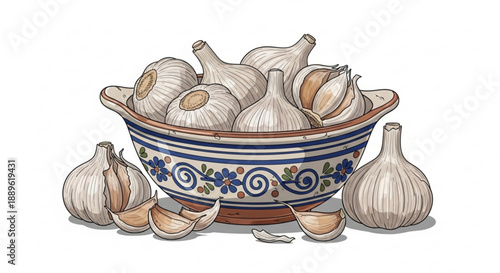 Garlic bulbs in a decorative bowl with floral pattern on a white background surrounded by cloves