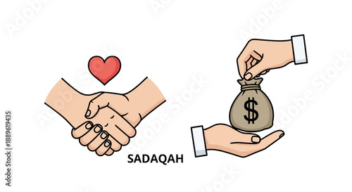 Illustration of charitable donation and handshake symbolizing generosity and kindness