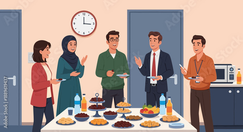 Colleagues gathered around a table with food and drinks in an office setting, viewed from the side.