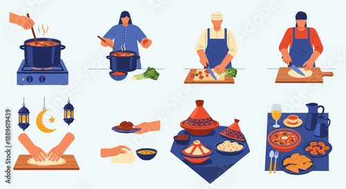 Illustrations of various culinary scenes and cooking activities featuring chefs, food preparation, and traditional dining settings from different viewpoints