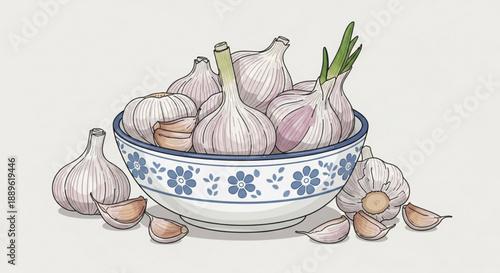 Fresh garlic bulbs in a decorative bowl with cloves around on white background for cooking and recipe concepts