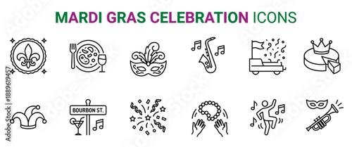 A set of Mardi Gras celebration icons in outline style, including a fleur-de-lis, masquerade mask, saxophone, parade float, king cake, jester hat, Bourbon Street sign, fireworks, beads