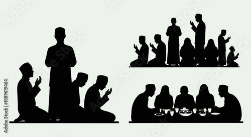 People gathered for prayer and meal in a community setting with various silhouettes