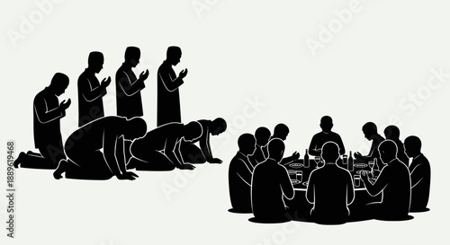 Group of people praying and dining together in a communal setting viewed from the side