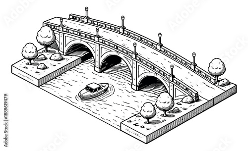 Hand drawn isometric line art illustration of an urban bridge depicting a river with a boat and surrounding trees for cityscape designs