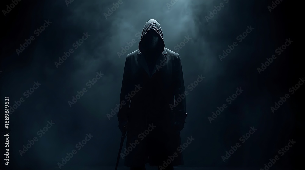 Fototapeta premium Generative AI Mysterious Hooded Figure in Dark Atmosphere