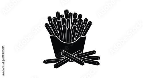 A black silhouette depicts a full container of french fries with a few scattered around creating a simple image silhouette
