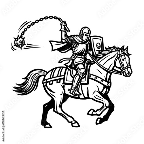 Knight on Horseback Wielding Flail in Dynamic Combat Pose.