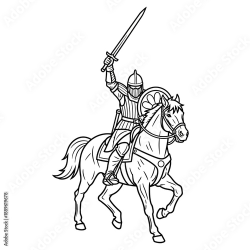 Knight on Horseback with Sword Raised in Battle Ready Pose.
