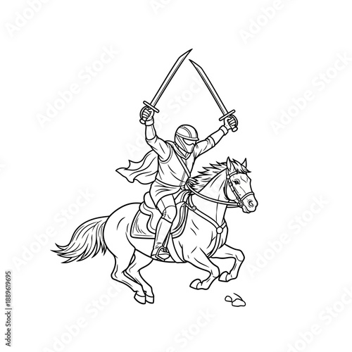 Knight Warrior Riding Horse Holding Two Swords Up High.