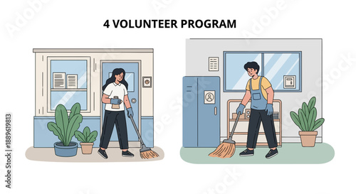 Volunteers Engaged in Cleaning Activities Outside Buildings with Gardening Elements
