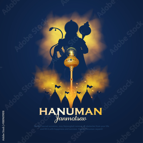 Happy Hanuman Jayanti Janmotsav Greeting Design, Lord Hanuman Silhouette Background. A Hindu festival celebrated of lord hanuman birthday.