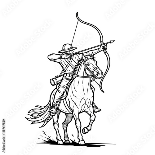 Black and white line art of a mounted archer aiming his bow.