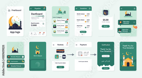 Mobile application dashboard design featuring template layouts for various screens with mosque and crescent illustrations
