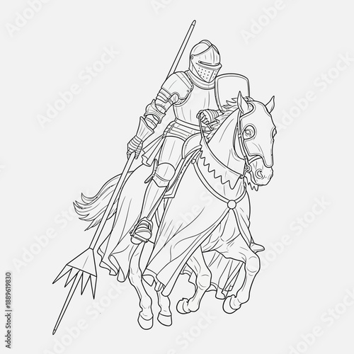 Black and white line art of a medieval knight on horseback.