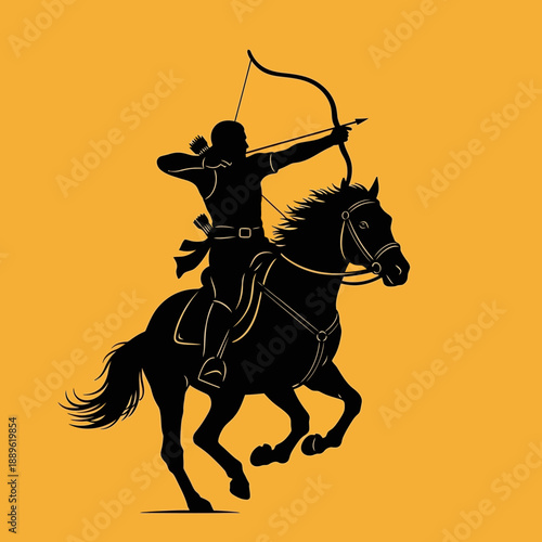 Black silhouette of a mounted archer aiming a bow and arrow.