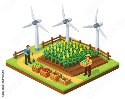 Isometric illustration of a sustainable farm depicting farmers harvesting produce with wind turbines for eco-friendly agriculture