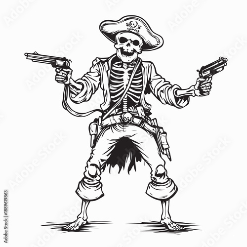 Skeleton Pirate with Gun Image Vector Isolated on White Background